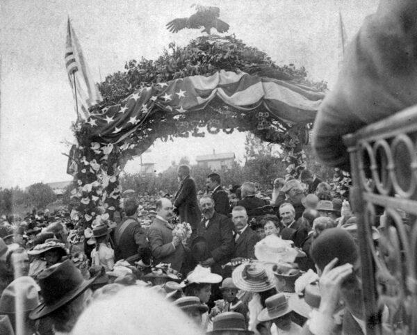 President Benjamin Harrison's Reception at the Santa Ana Train Station in Santa Ana, Calif., on April 23, 1891. Others in the photo include William H. Spurgeon, Judge J. W. Towner, James McFadden, Assemblyman Charles S. McKelvey, and Postmaster General John Wanamaker. (Courtesy of Orange County Archives)
