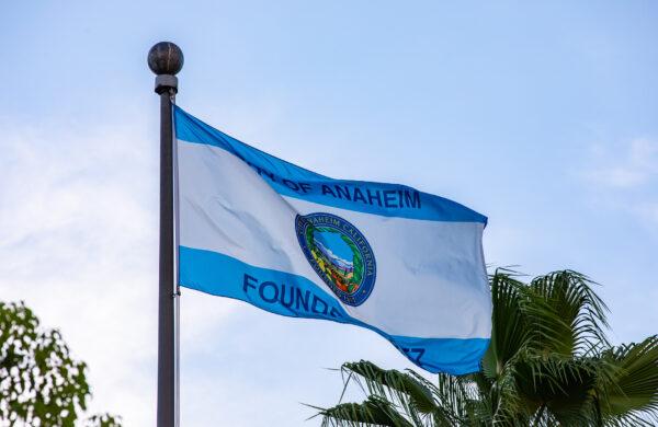 The official Anaheim flag flies at Anaheim City Hall in Anaheim, Calif., on Aug. 9, 2022. (John Fredricks/The Epoch Times)