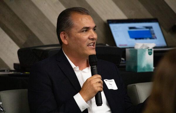 California Policy Center panelist and Anaheim city councilman Jose Moreno discusses current Anaheim issues with Orange County residents in Tustin, Calif., on Aug. 11, 2022. (John Fredricks/The Epoch Times)