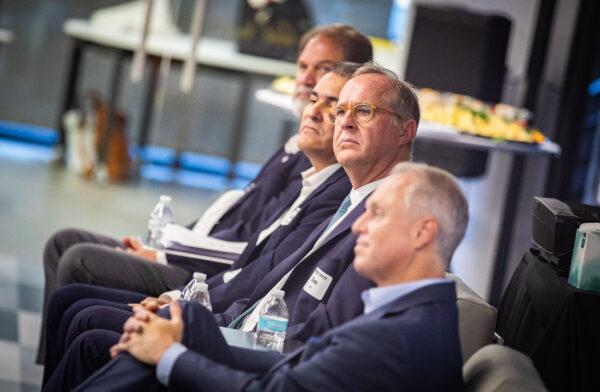 Former Anaheim Mayor Tom Tait (C) and other panelists discuss current Anaheim issues with Orange County residents at the California Policy Center in Tustin, Calif., on Aug. 11, 2022. (John Fredricks/The Epoch Times)