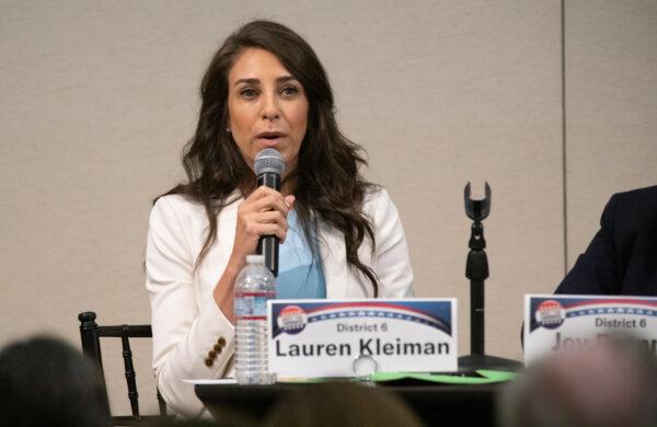 Newport Beach City Council candidate Lauren Kleiman speaks at the Newport Beach Public Library in Newport Beach, Calif., on Aug. 18, 2022. (John Fredricks/The Epoch Times)