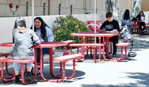 Students on their lunch break at Hollywood High School in Los Angeles on April 27, 2021. (Rodin Eckenroth/Getty Images)