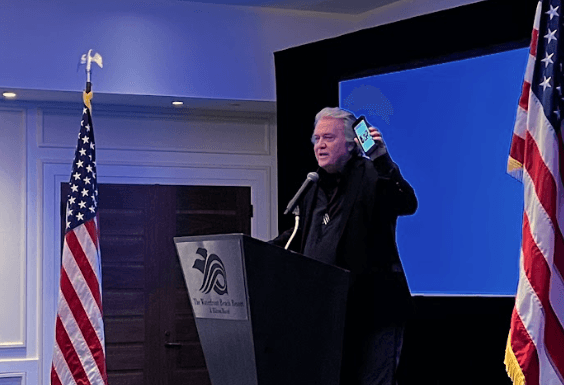Steve Bannon speaks at a fundraiser in Huntington Beach, Calif., on Sept. 18, 2022. (Brad Jones/The Epoch Times)