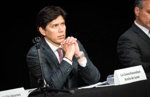 LA City Councilmember Kevin de Leon speaks in San Pedro, Calif., on Feb. 27, 2022. (John Fredricks/The Epoch Times)