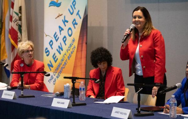 Kim Karr speaks at City Hall in Newport Beach, Calif., on Oct. 12, 2022. (John Fredricks/The Epoch Times)