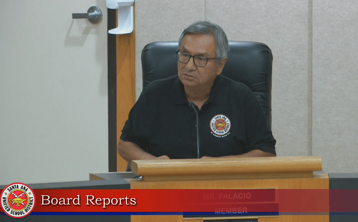 John Palacio, a trustee of the Santa Ana Unified School District (SAUSD), speaks at a board meeting in Santa Ana, Calif., on Oct. 11, 2022. (Screenshot via Santa Ana Unified School District)