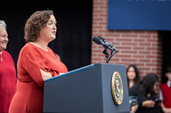 Rep. Katie Porter (D-Calif.) speaks at Irvine Valley College in Irvine, Calif., on Oct. 14, 2022. (John Fredricks/The Epoch Times)