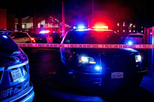 Police tape blocks off the crime scene in Sacramento, Calif., on Feb. 28, 2022. (Andri Tambunan/AFP via Getty Images)