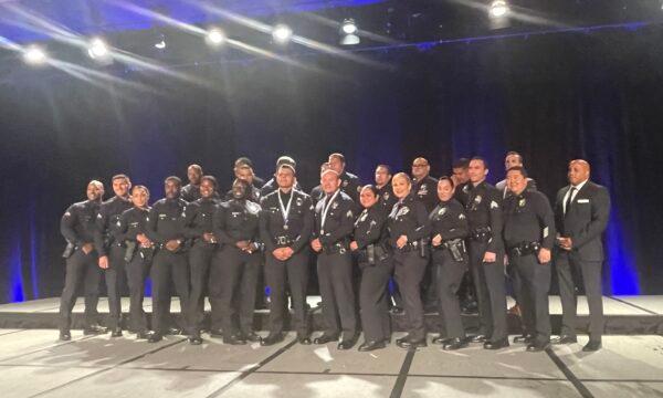 Authorities gathered to honor 14 Los Angeles Police Department officers, one of them posthumously, for acts of heroism and sacrifice at the Westin Bonaventure Hotel in downtown Los Angeles on Oct. 20, 2022. (Carol Cassis/The Epoch Times)