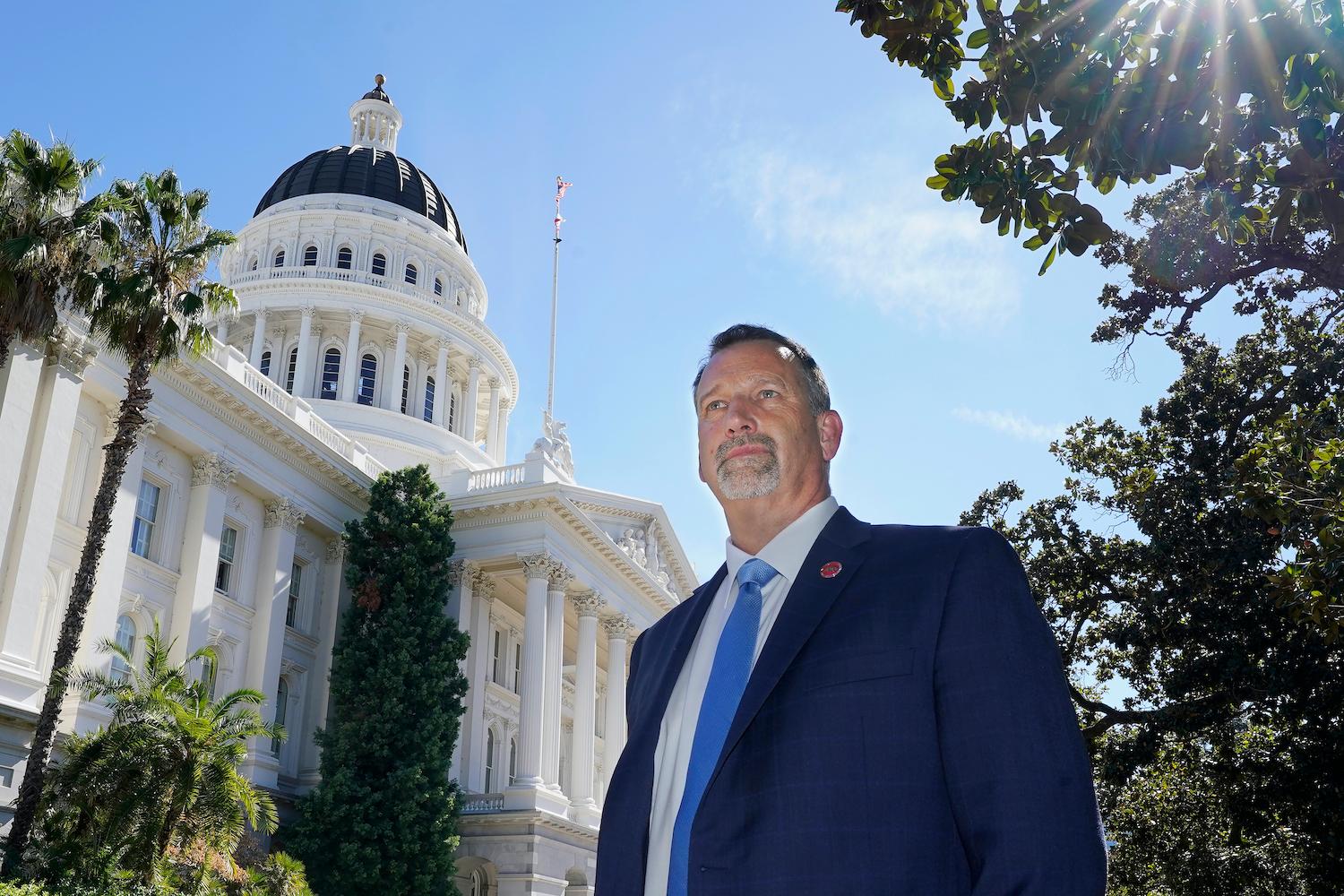Republican gubernatorial candidate state Sen. Brian Dahle poses at the state Capitol in Sacramento, Calif., on Sept. 28, 2022. (Rich Pedroncelli/AP Photo)