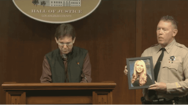 Los Angeles resident Matt Capelouto (L) said he lost his 20-year-old daughter, Alexandria, in 2019 to counterfeit oxycodone pills laced with fentanyl at a press conference in Los Angeles on Dec. 14, 2022. (Screenshot via Los Angeles Sheriff's Department)