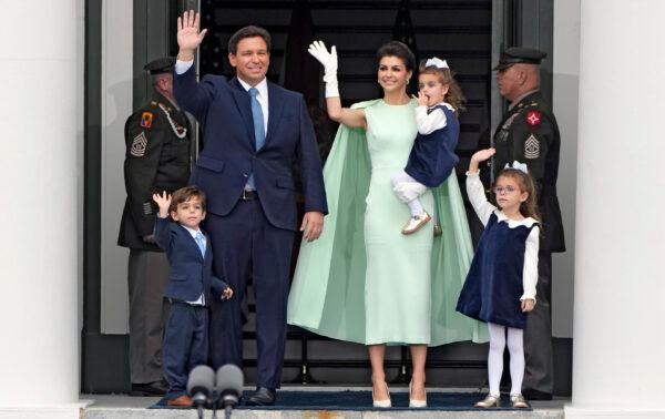 Florida Gov. Ron DeSantis, second from left, waves as he arrives with his wife Casey, right, and their children Mason, Madison, and Mamie during his inauguration ceremony outside the Old Capitol in Tallahassee, Fla., on Jan. 3, 2023. (AP Photo/Lynne Sladky)