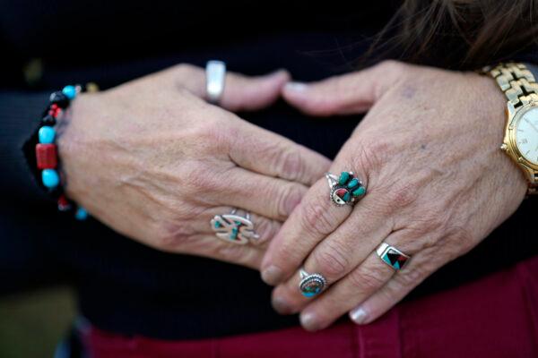 Moonlight Pulido shows some of her Native American jewelry in Los Angeles, on Dec. 7, 2022. (Marcio Jose Sanchez/AP Photo)