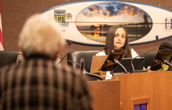 Huntington Beach City Councilwoman Gracey Van Der Mark listens to public commenters during a city council meeting at the Civic Center in Huntington Beach, Calif., on Jan. 17, 2023. (John Fredricks/The Epoch Times)