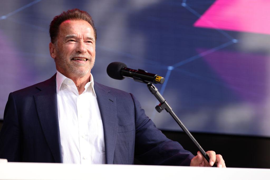 Arnold Schwarzenegger speaks in his keynote about digital sustainability during the Digital X event in Cologne, Germany, on Sept. 7, 2021. (Andreas Rentz/Getty Images)