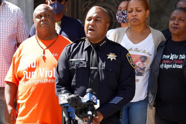 Oakland police chief Leronne Armstrong speaks during a press conference outside City Hall in Oakland, Calif., on Aug. 30, 2022. (Jessica Christian/San Francisco Chronicle via AP, File)