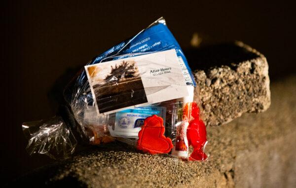 A gift bag made by the After Hours Ministry sits ready for distribution in Los Angeles on Feb. 8, 2023. (John Fredricks/The Epoch Times)
