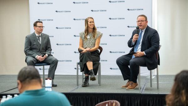(L-R) Jonathan Zachreson, founder of Reopen California Schools; Sharon McKeeman, founder of Let Them Breathe; and Lance Christensen, California Policy Center’s vice president of education policy and government affairs, attend the second annual Parent Union Legislative Summit in Sacramento, California, on Feb. 8, 2023. (Courtesy of California Policy Center)