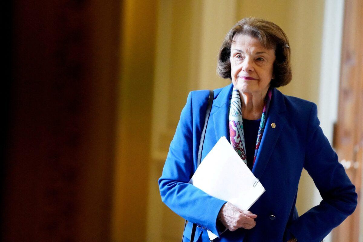 The late Sen. Dianne Feinstein (D-Calif.) leaves the Senate Democrats weekly policy lunch at the U.S. Capitol in Washington on July 20, 2021. Ms. Feinstein died in office on Sept. 29, and as a temporary replacement, Gov. Gavin Newsom appointed Laphonza Butler, who has said she will not run in the next election. (Elizabeth Frantz/Reuters)