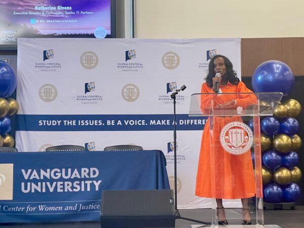 Human trafficking survivor Katherine Givens speaks at a conference on human trafficking, held by the Global Center for Women and Justice at Vanguard University in Costa Mesa, Calif., on March 3, 2023. (Carol Cassis/The Epoch Times)