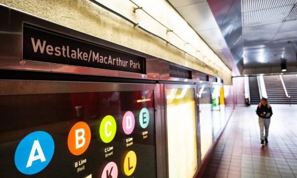 Passengers use the Westlake/MacArthur Park train station in Los Angeles, Calif., on March 20, 2023. (John Fredricks/The Epoch Times)