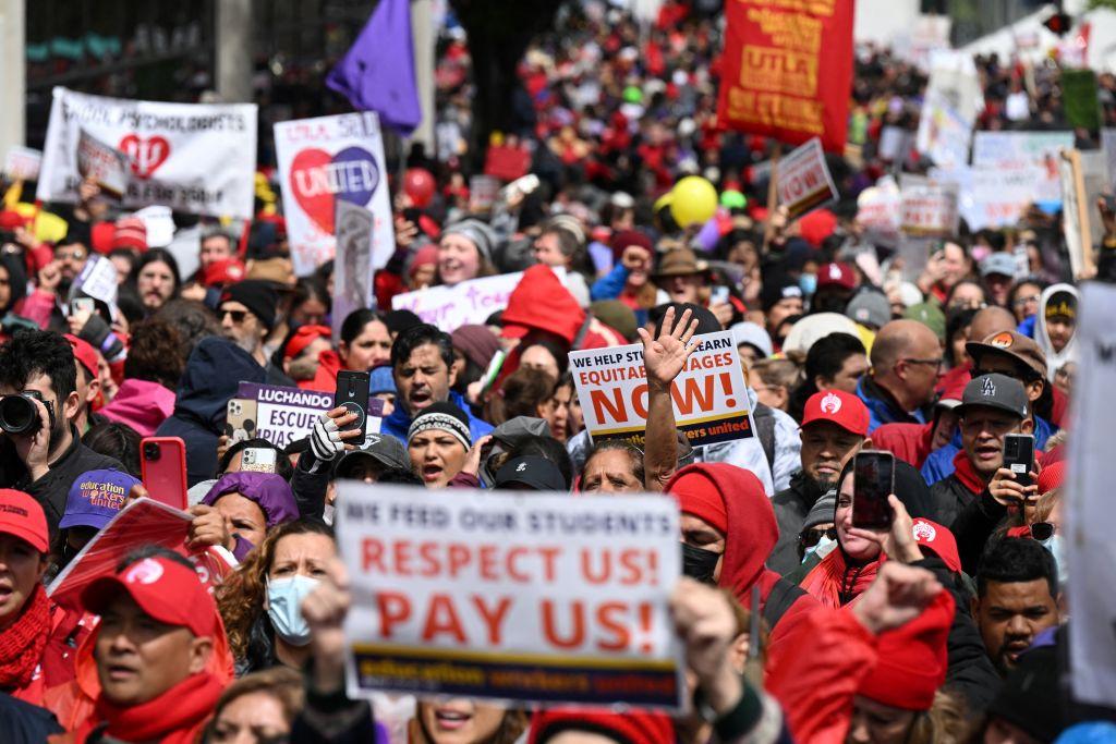 Los Angeles public school support staff, teachers, and supporters rally outside of the school district headquarters on the first day of a three-day strike in Los Angeles on March 21, 2023. (Robyn Beck/AFP via Getty Images)