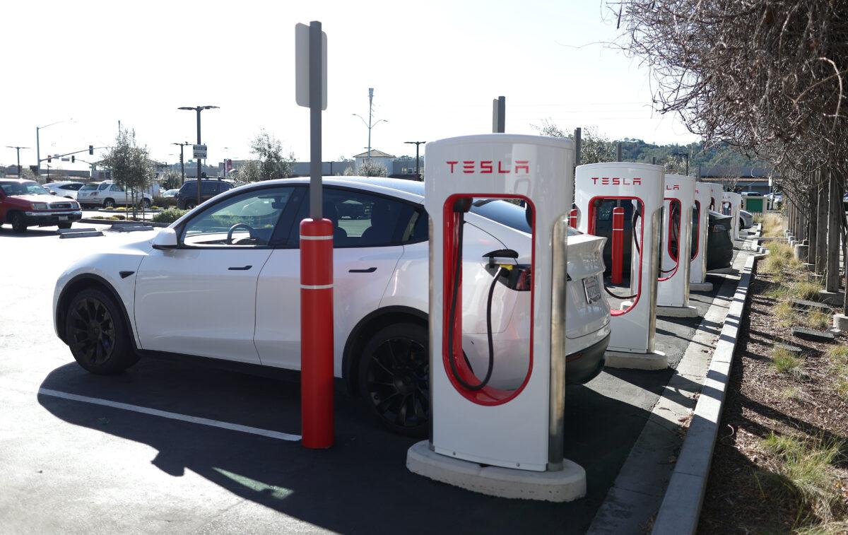 Tesla Superchargers in San Rafael, Calif., on Feb. 15, 2023. (Justin Sullivan/Getty Images)
