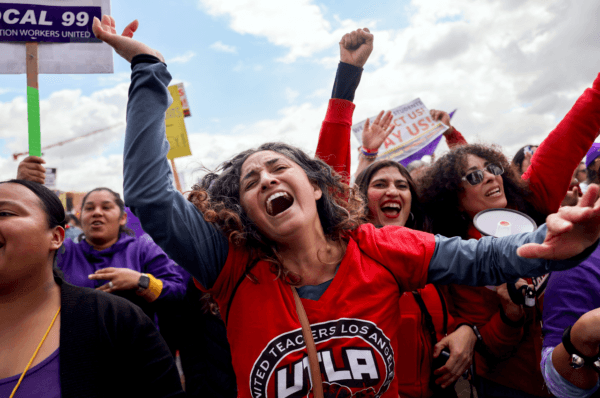 Los Angeles Unified School District workers and supporters rally in Los Angeles State Historic Park on the last day of a strike over a new contract in Los Angeles on March 23, 2023. (Mario Tama/Getty Images)