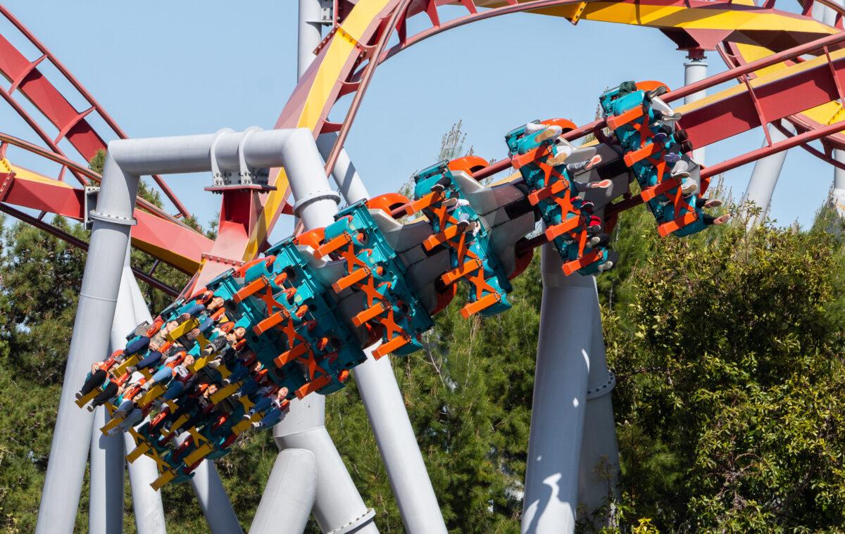 A roller coaster at Knott's Berry Farm theme park in Buena Park, Calif., on April 3, 2023. (John Fredricks/The Epoch Times)
