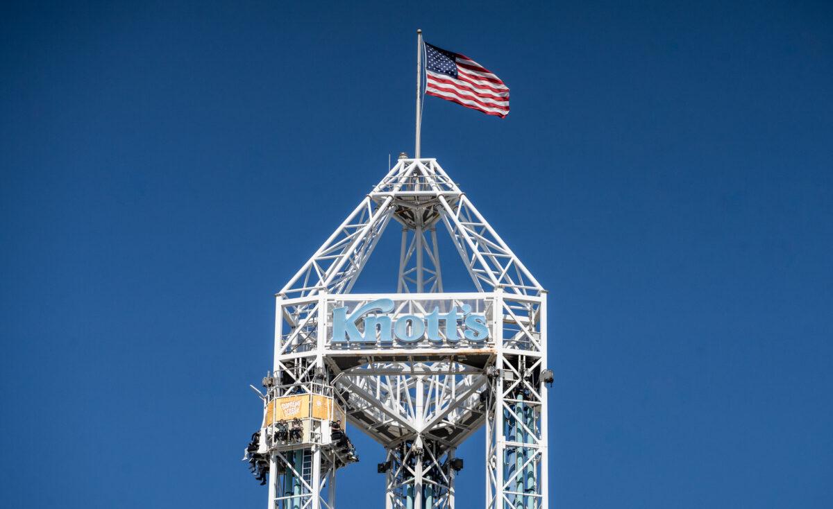 People celebrate the Boysenberry Festival at Knott's Berry Farm theme park in Buena Park, Calif., on April 3, 2023. (John Fredricks/The Epoch Times)