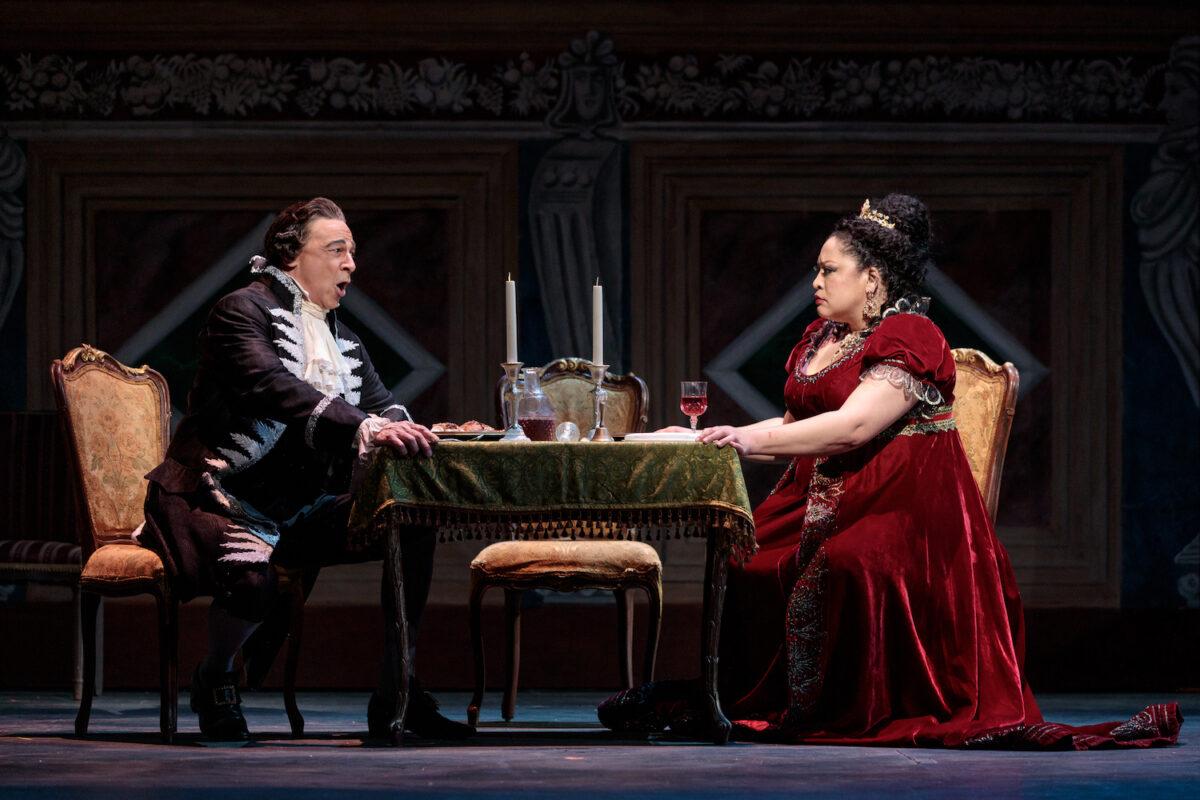 Bass-baritone Greer Grimsley plays Scarpia and soprano Michelle Bradley plays Tosca in San Diego Opera’s 2023 production of “Tosca.” (Courtesy of Karli Cadel)