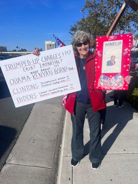 Marilyn Fischer, an Orange County retired schoolteacher of 35 years and longtime resident, attends a rally to support former President Donald Trump in Laguna Hills, Calif., on April 4, 2023. (Rudy Blalock/The Epoch Times)