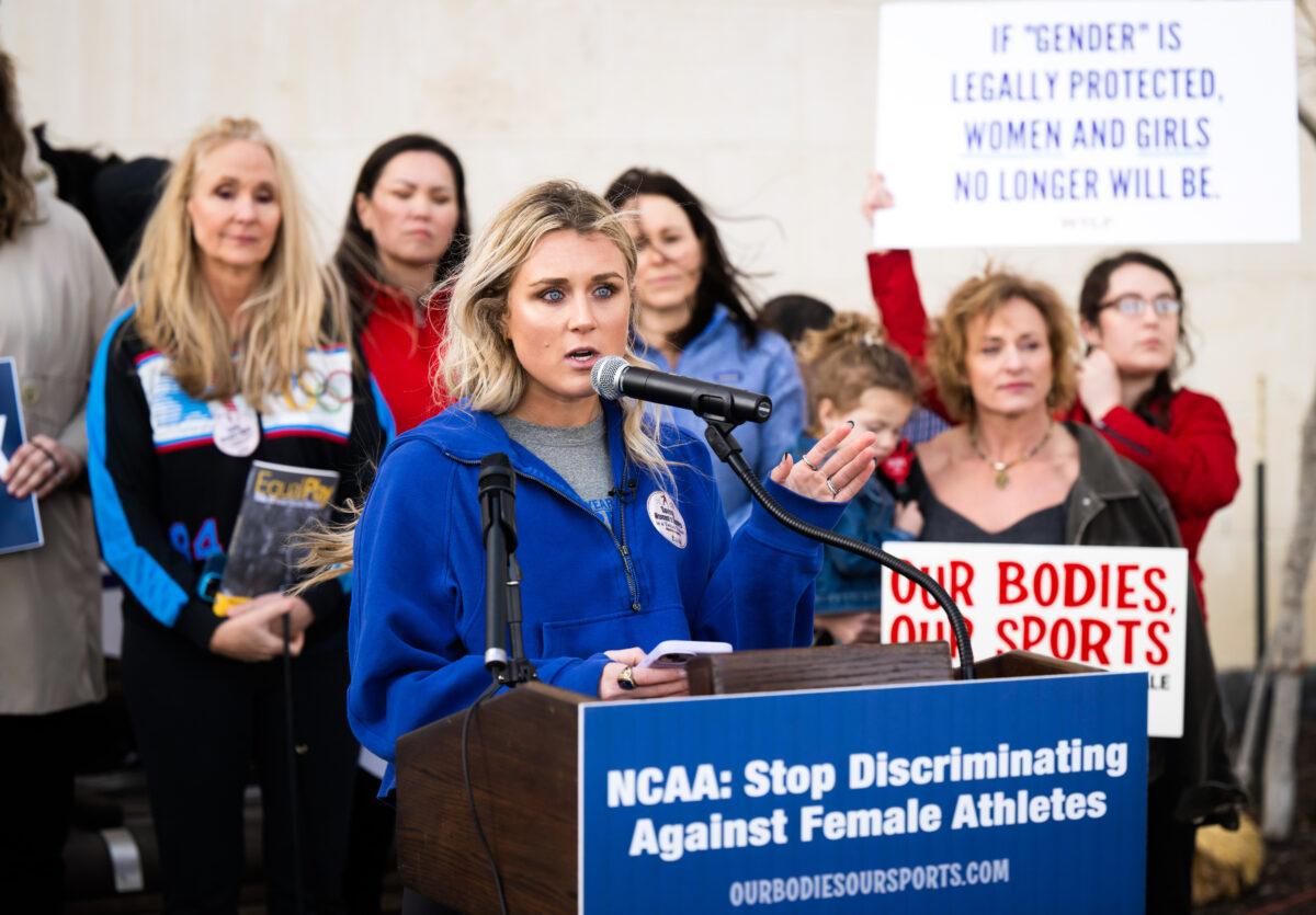 Former University of Kentucky swimmer Riley Gaines speaks at a rally outside of the NCAA Convention in San Antonio on Jan. 12, 2023. (Darren Abate/AP Photo)