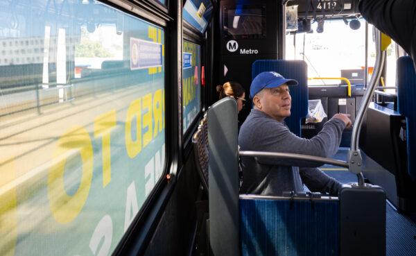 Former Los Angeles Sheriff Alex Villanueva uses the Los Angeles Metro system in Los Angeles on April 19, 2023. (John Fredricks/The Epoch Times)
