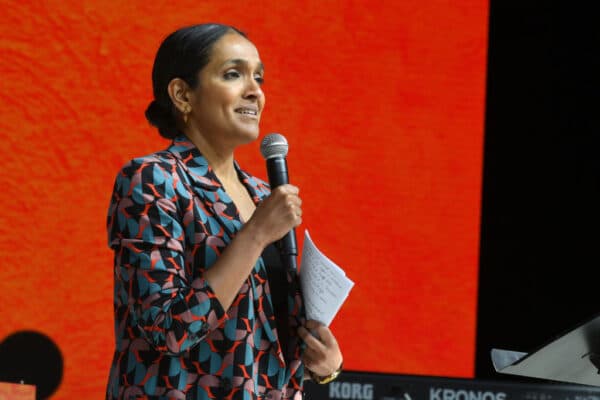 Nithya Raman speaks during a celebration of life the mountain lion P-22 at the Greek Theatre in Los Angeles on Feb. 4, 2023. (JC Olivera/Getty Images for the National Wildlife Federation)