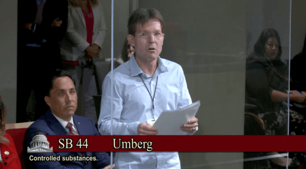 Matt Capelouto, the father of fentanyl poisoning victim Alexandra—the namesake of California's Senate Bill 44 —testifies at a Senate Public Safety Committee hearing in Sacramento on April 25, 2023. (Screenshot via California State Senate)