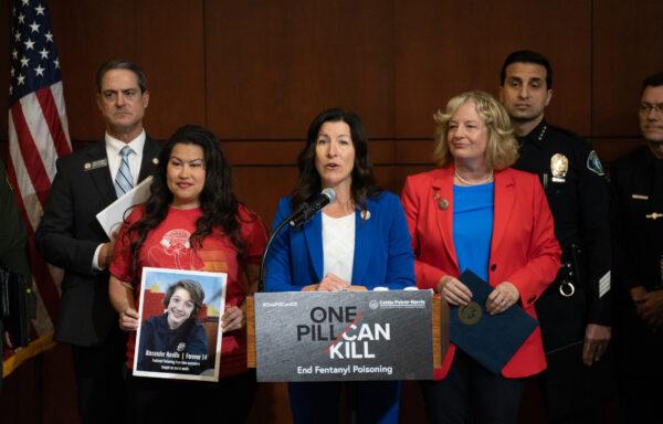 California Assemblywoman Cottie Petrie-Norris (C), D-Irvine, speaks about state legislation combating fentanyl poisoning in Irvine, Calif., on April 28, 2023. (John Fredricks/The Epoch Times)