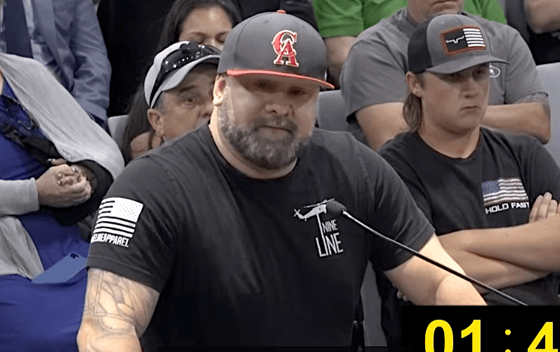 Sal Flores, the father of two students, speaks at a Riverside Unified School District board meeting in Riverside, Calif., on April 27, 2023. (Screenshot via Riverside Unified School District)