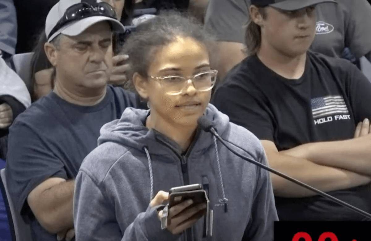 Megan Simpkins, an 18-year-old high school student, speaks at a Riverside Unified School District board meeting in Riverside, Calif., on April 27, 2023. (Screenshot via Riverside Unified School District)