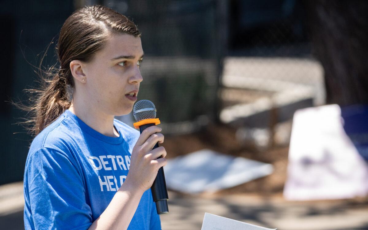 Camille Kiefel speaks outside of the annual Pediatric Endocrine Society conference held in San Diego, Calif., on May 6, 2023. (John Fredricks/The Epoch Times)