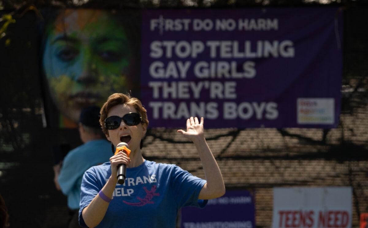 Detransitioner Cat Cattinson speaks outside of the annual Pediatric Endocrine Society conference held in San Diego, Calif., on May 6, 2023. (John Fredricks/The Epoch Times)