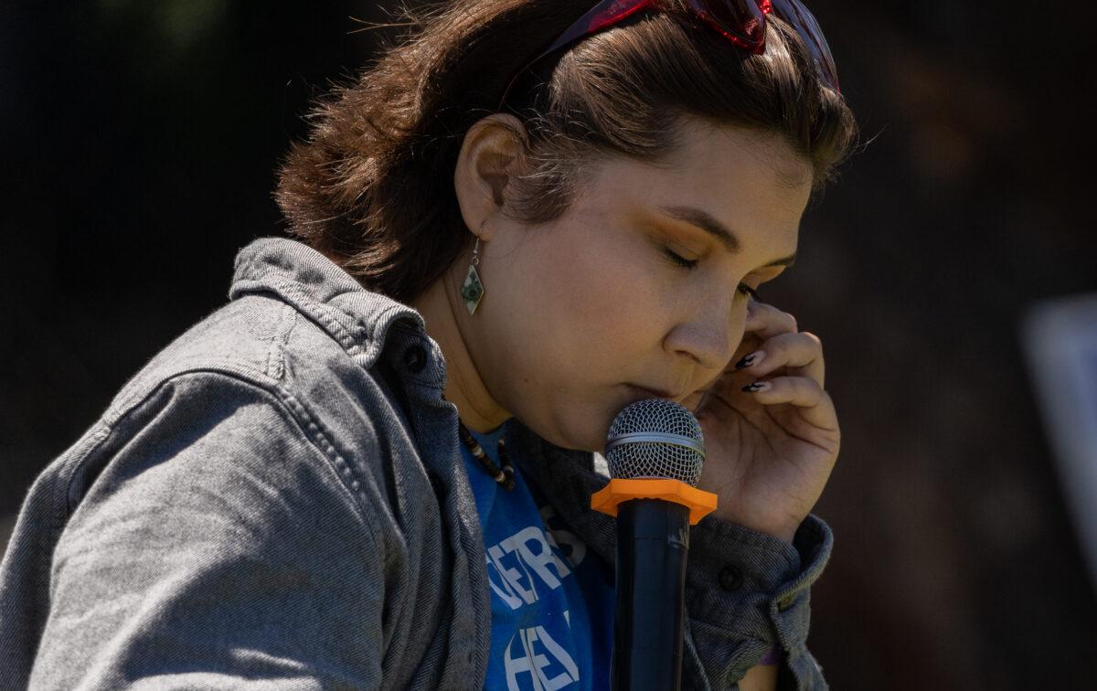 Detransitioner Madison Judd shares her transition experiences outside of the annual Pediatric Endocrine Society conference held in San Diego, Calif., on May 6, 2023. (John Fredricks/The Epoch Times)