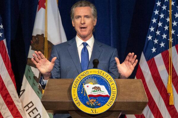 California Gov. Gavin Newsom announces the May budget revision in Sacramento on May 12, 2023. (Hector Amezcua/The Sacramento Bee via AP)