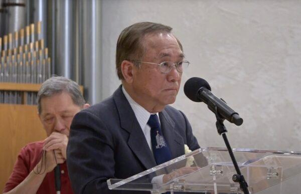 Parishioner Jerry Cheng speaks during a commemoration at the Irvine Taiwanese Presbyterian Church in Laguna Woods, Calif., on May 14, 2023. (Annie Wang/NTD Television)