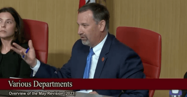 California state Sen. Brian Dahle (R-Bieber) questions a representative from the state’s finance department on a proposed electricity consumption tax increase in Sacramento on May 17, 2023.(Screenshot via Twitter/Senator Brian Dahle)