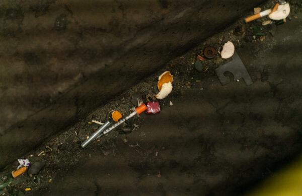 Drug paraphernalia on the Los Angeles Metro system in Los Angeles on April 19, 2023. (John Fredricks/The Epoch Times)