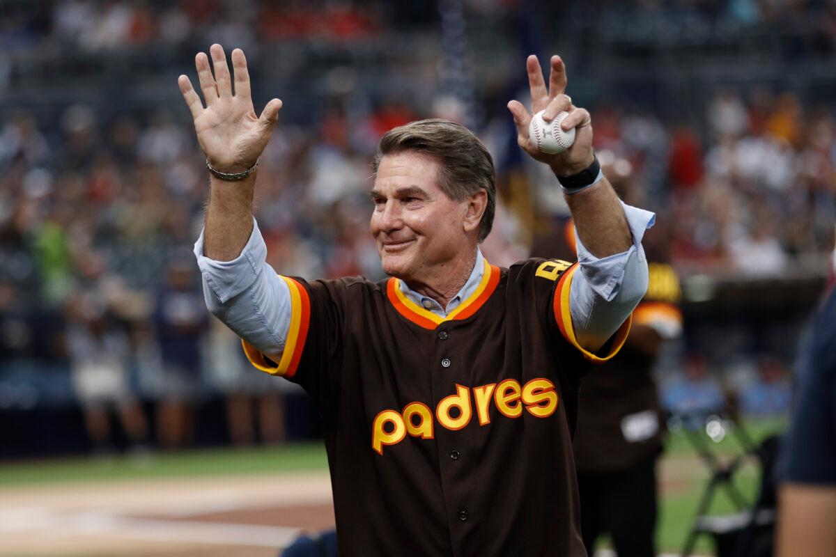 Former San Diego Padres Steve Garvey waves to fans before a baseball game against the St. Louis Cardinals in San Diego on June 29, 2019. (Gregory Bull/AP Photo)