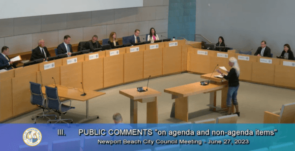 Newport Beach City Councilors attend a city council meeting in Newport Beach, Calif., on June 27, 2023. (Newport Beach City Council/Screenshot via The Epoch Times)