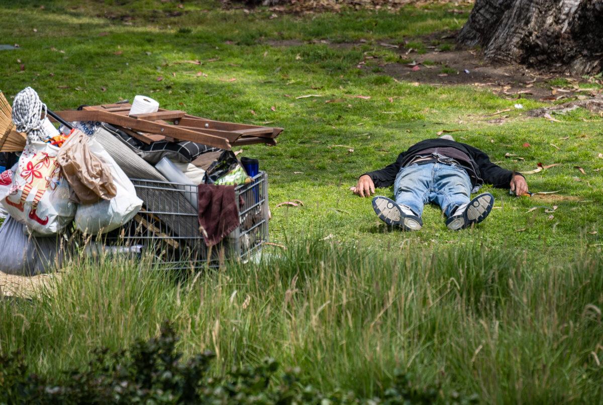 A homeless man in Santa Monica, Calif., on June 2, 2023. (John Fredricks/The Epoch Times)