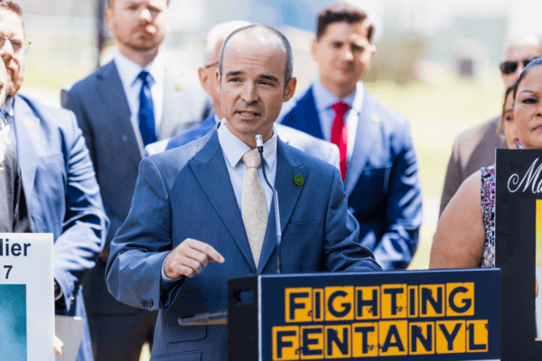 California Assemblyman Joe Patterson, R-Rocklin, speaks at a press conference where California Assemblymembers, law enforcement officials, and local representatives proposed to put stricter fentanyl enforcement on the upcoming 2024 ballot, in front of the Capitol in Sacramento on June 6, 2023. (Courtesy of Assembly Republican Caucus)
